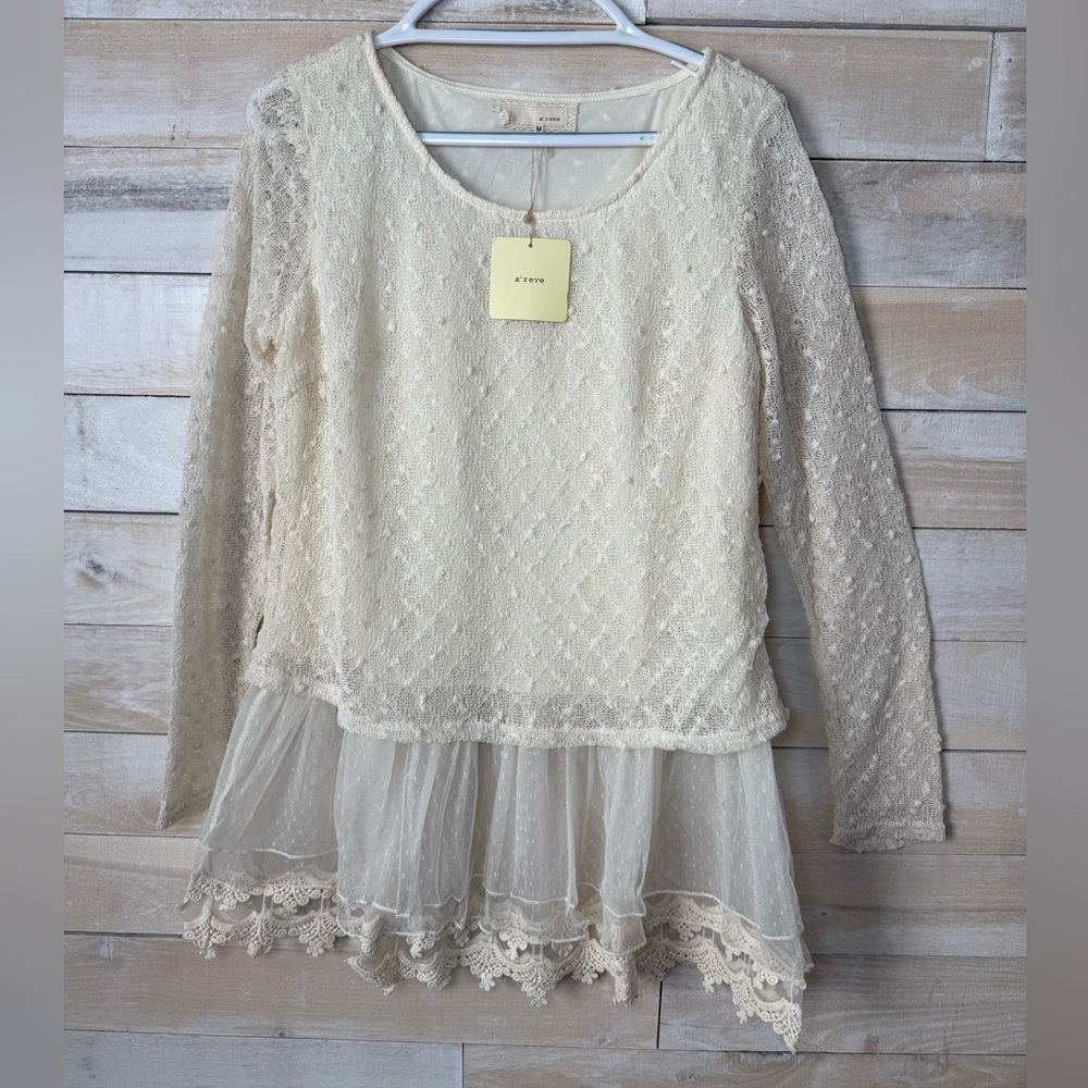 A'Reve Anthropologie Ambition On Fleek Ivory Lace Long Sleeve Top Size M NWT